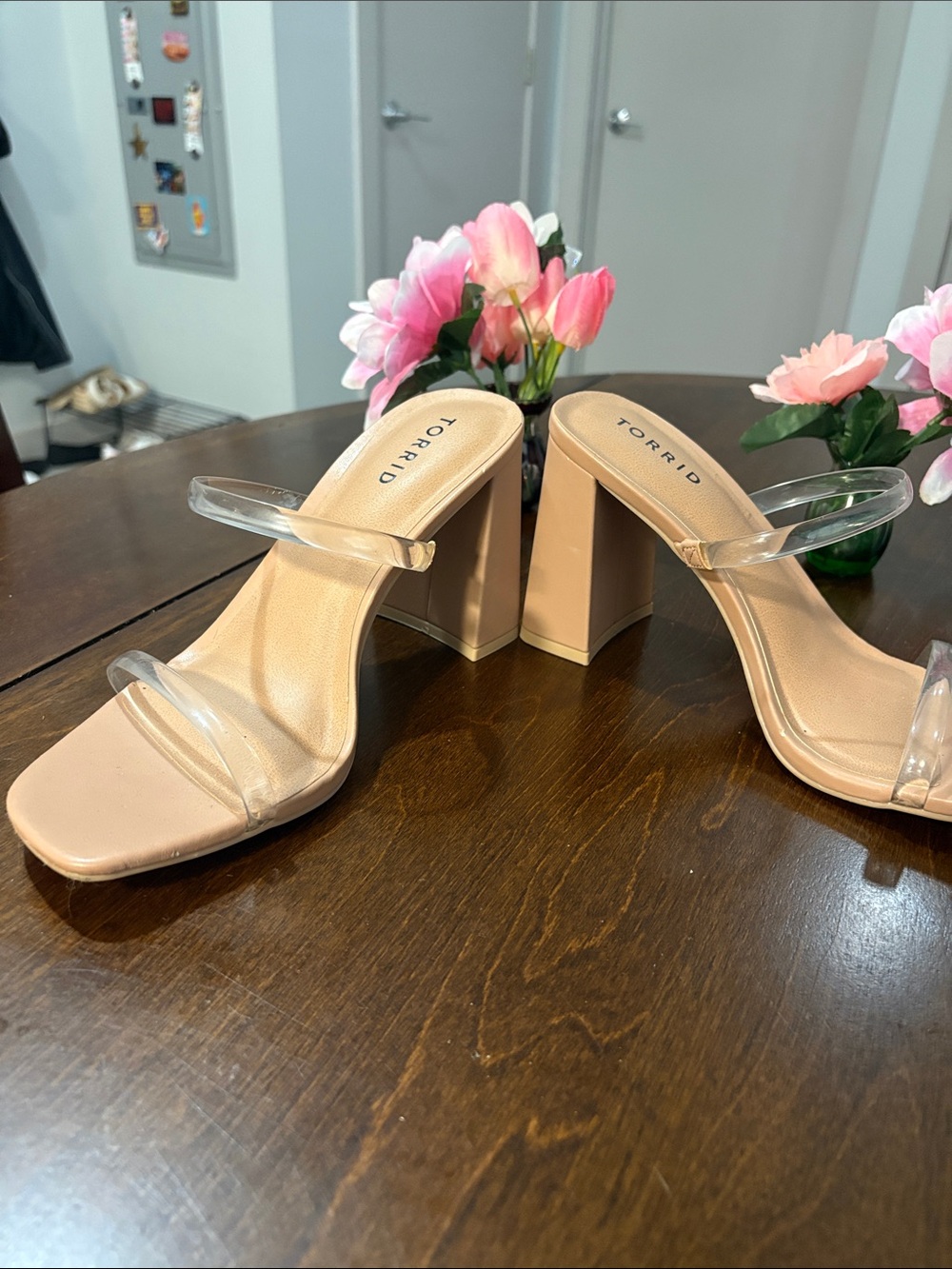 Torrid Tan Double Clear Strap Square Toe Block Heels 7.5 WW